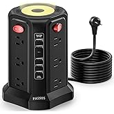 Surge Protector Power Strip Tower with 5 USB Ports and Night Light,10FT Extension Cord with 12 AC Multiple Outlets, PASSUS Po