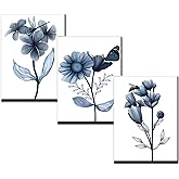 sechars 3 Piece Canvas Wall Art Navy Flower Painting Art Prints Blue Floral With Butterfly Picture Artwork Modern Bedroom Bat