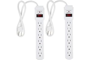 Amazon Basics Rectangular 6-Outlet, 200 Joule Surge Protector Power Strip, 2 Foot, White - Pack of 2