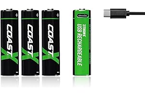 Coast AA USB-C Rechargeable Batteries, ZITHION-X, Lithium Ion 1.5v 2400 mAh, Long Lasting, Charges Under 2.5 Hours, Charging 