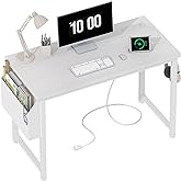 Lufeiya 39 inch White Computer Desk with Power Outlet, 40 inch Teen Study Table Home Office Work Writing Desks with Charging 