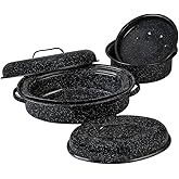 Granite Ware Roasting Set Covered 13 in and 15 in Oval roaster and 3 lb round roaster. Enameled Steel design to accomodate up