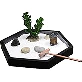 Nature's Mark Mini Zen Garden Kit for Desk with Rake, White Sand, Miniature Pagoda Figure, Black Hexagon Base, River Rocks, M