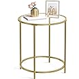 VASAGLE Round Side Table, Glass End Table with Metal Frame, Gold Coffee Table with Modern Style, for Living Room, Balcony, Be