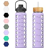 MUKOKO 32oz Glass Water Bottle with 2 Lids-Handle Spout Lid&Bamboo Straw Lid, Motivational Water Tumbler with Time Marker Rem