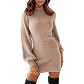 EXLURA Women's 2024 Mock Neck Ribbed Long Sleeve Bodycon Pullover Cute Mini Sweater Dress