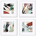 ArtbyHannah 10x10 Inch Framed Tropical Wall Art Decor with White Frames and Abstract Plants Wall Kit for Home Decoration, Set