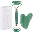 Rolo de jade para rosto, conjunto de pedras faciais naturais de jade, massageador de pele com ferramentas de raspagem Gua Sha