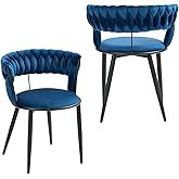 Hermart Velvet Dining Chairs Set of 2, Modern Upholstered Woven Dining Chairs with Black Metal Legs, Curved Backrest, Accent 
