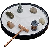 Nature's Mark Mini Zen Garden Kit for Desk with Rake, White Sand, Black Round Base, Miniature Pagoda Figure, River Rocks and 
