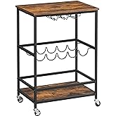 VASAGLE Bar Cart, Serving Cart with Wheels, Glass Stemware Rack and Wine Bottle Holders, 15.7 x 23.6 x 32.3 Inches, Industria