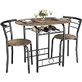 JUMMICO 3-Piece Wooden Round Table & Chair Set, Space Saving Kitchen Breakfast Nook Wood Grain Tabletop with Metal Frame and 