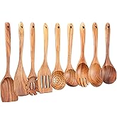 Wooden Kitchen Utensils Set,GUDAMAYE 9 PCE Natural Teak Wooden Spoons For Non-stick Pan for Cooking,