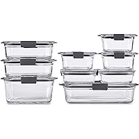 Rubbermaid Brilliance Glass Storage Set of 9 Food Containers with Lids (18 Pieces Total), Set, Assorted, Clear