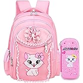 Mysticbags Girl's Cat Printed School Bookbag Primary Students Backpack, Pink, Large