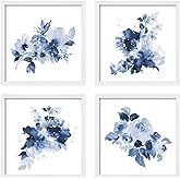 ArtbyHannah 4 Pack 10x10 Framed Blue Wall Art Set with White Frame Floral Print for Bathroom Bedroom Home Decoration