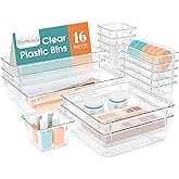 StorMiracle 16 PCS Drawer Organizer Set, 5 Varied Size Bathroom and kitchen Drawer cabinet organizer Trays, Clear Storage Bin