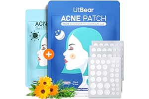 LitBear Acne Pimple Patches- Day and Night 4 Sizes 180 Dots Thin & Thick Hydrocolloid Patches with Witch Hazel, Tea Tree & Ca