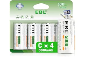 EBL Rechargeable C Batteries, 5000mAh Ni-MH High Capacity C Cell Battery New Retail Package, Pack of 4