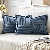 MIULEE Blue Corduroy Pillow Covers 12x20 inch with Splicing Set of 2 Super Soft Boho Striped Pillow Covers Broadside Decorati