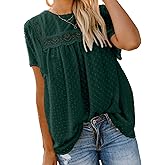 Dokotoo Womens Crewneck Lace Crochet Pom Pom Flowy Short Sleeve Casual Shirts Blouses Tops