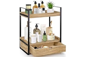 2-Tier Bathroom Organizer Countertop with Drawer, Wood Counter Shelf for Bathroom Storage, Vanity Tray for Bathroom Organizat