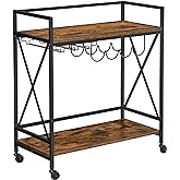 VASAGLE Bar Cart, Serving Cart, Mobile Kitchen Shelf with Glass Stemware Rack and Wine Bottle Holders, Industrial, Rustic Bro