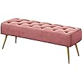 Yaheetech Modern Ottoman Bench Velvet Bench Upholstered Footrest for Living Room with Gold Metal Legs and Padded Seat Pink