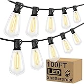 Brightever LED Outdoor String Lights 100FT Patio Lights with 52 Shatterproof ST38 Vintage Edison Bulbs, Outside Hanging Light