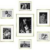 Frametory, Aluminum Gallery Wall Frame Set with Ivory Color Mat - 7 Pack of Metal Picture Frames with Real Glass - Four 5x7, 