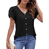 HOUZONIY Women's Blouses Chiffon Short Sleeve Summer V Neck Casual Business Pearl Tops