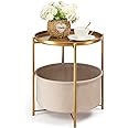 danpinera Round Side Table with Fabric Storage Basket, Metal Small Bedside Nightstand with Removable Tray Top for Living Room