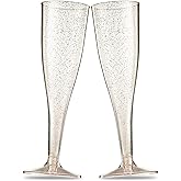 100 Plastic Champagne Flutes - Disposable Champagne Flute - Gold Glitter Plastic Champagne Glasses for Parties, Mimosa Bar, E