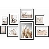 ArtbyHannah 8-Piece Picture Frame Set, Black, Multi-Size (11x14, 10x10, 8x8, 8x10, 2x12x9.5, 2x5x7), Neutral Style for Home D