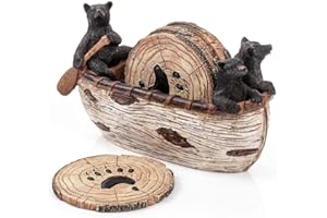 Bear Coasters Set – 6 Full Size Rustic Coasters in Handmade Canoe with Adorable Black Bear Figurines | Black Bear Log Cabin D