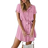 PRETTYGARDEN Womens Casual Summer Short Sleeve Button Down V Neck Collared Belted Pocket Dresses