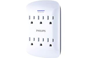 Philips 6-Outlet Surge Protector Tap, 900 Joules, Space Saving Design, Protection Indicator LED Light, Gray & White, SPP3461W