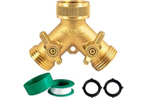 Hourleey Brass Garden Hose Splitter (2 Way), Solid Brass Hose Y Splitter 2 Valves with 2 Extra Rubber Washers (Brass)