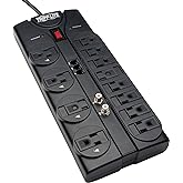 Tripp Lite TLP1208TELTV 12 Outlet Surge Protector Power Strip, 8ft Cord, Right-Angle Plug, Tel/Modem/Coax Protection, RJ11, &