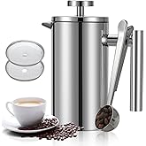 Meelio French Press Coffee Maker 34oz, Double-Wall Insulated French Coffee Press Stainless Steel 1L, Included 2 Extra Screens