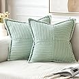 MIULEE Mint Green Corduroy Pillow Covers 18x18 inch with Splicing Set of 2 Super Soft Boho Striped Pillow Covers Broadside De