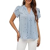 Women's V Neck Blouses Chiffon Short Sleeve Tops Summer Casual Business Shirt