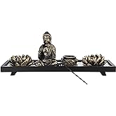 MyGift Desktop Zen Garden Kit with Buddha Statue, Incense Burner, Sand, Rake and Lotus Tea Light Candle Holder