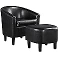 Yaheetech Accent Chair with Ottoman Set, Modern Faux Leather Upholstered Soft Barrel Chair and Footrest, Club Armchair and Fo