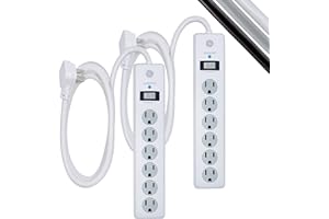 GE 6-Outlet Surge Protector, 2 Pack, 6 Ft Extension Cord, Power Strip, 800 Joules, Flat Plug, Twist-to-Close Safety Covers, P