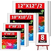 Blank Canvase Boards for Painting, 6x6", 8x8", 10x10" 12x12", 8 Pack 100% Cotton Stretcher Academy Acrylic Oil Painting, Canv