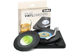 Funny Retro Record Coasters for Drinks with Vinyl Player Holder for Music Lovers,Set of 6 Conversation Piece Sayings Drink Co