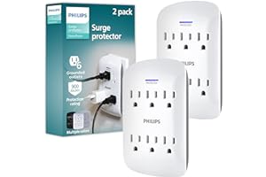 Philips Philips 6-Outlet Extender Surge Protector, 2 Pack, Wall Tap, 900 Joules, 3-Prong, Space Saving Design, Protection Ind