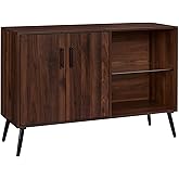 Walker Edison Theo Mid Century Modern 2 Door Asymmetrical Glass Shelf Buffet, 44 Inch, Dark Walnut