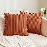 MIULEE Fall Boho Decorative Throw Pillow Covers with Pom-poms, Soft Corduroy Solid Lumbar Cushion Cases for Couch Sofa Bedroo